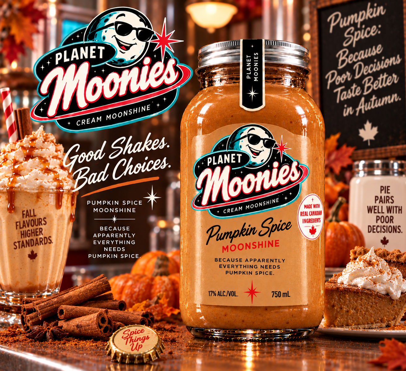 1950s malt-shop advertisement for Planet Moonies Pumpkin Spice cream moonshine