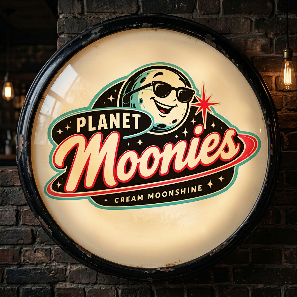 Round illuminated Planet Moonies sign