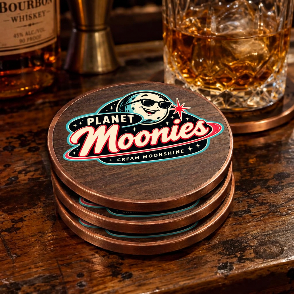 Set of Planet Moonies walnut and chrome coasters