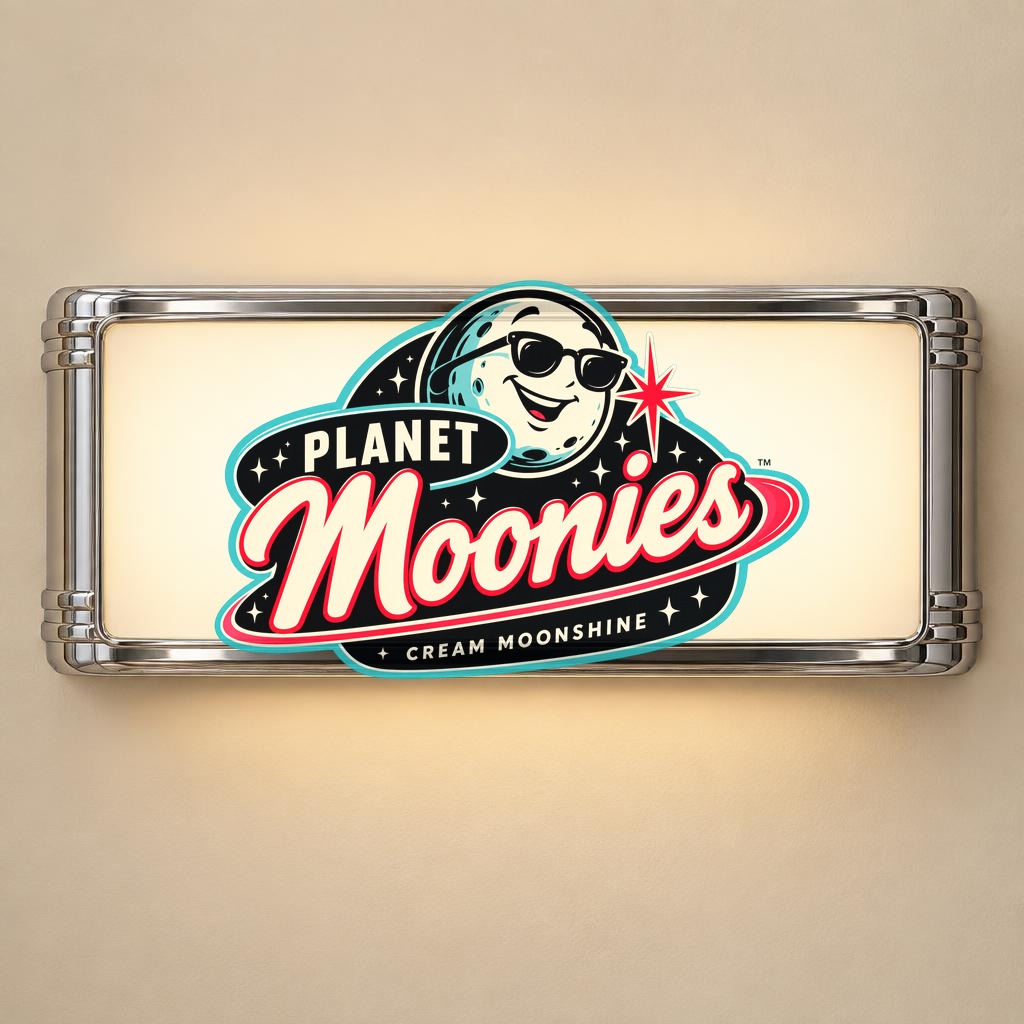 Chrome framed Planet Moonies lightbox sign