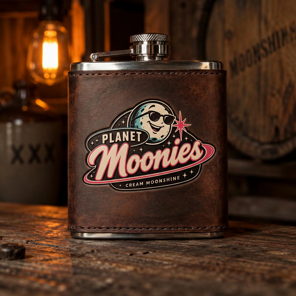 Leather-wrapped Planet Moonies hip flask