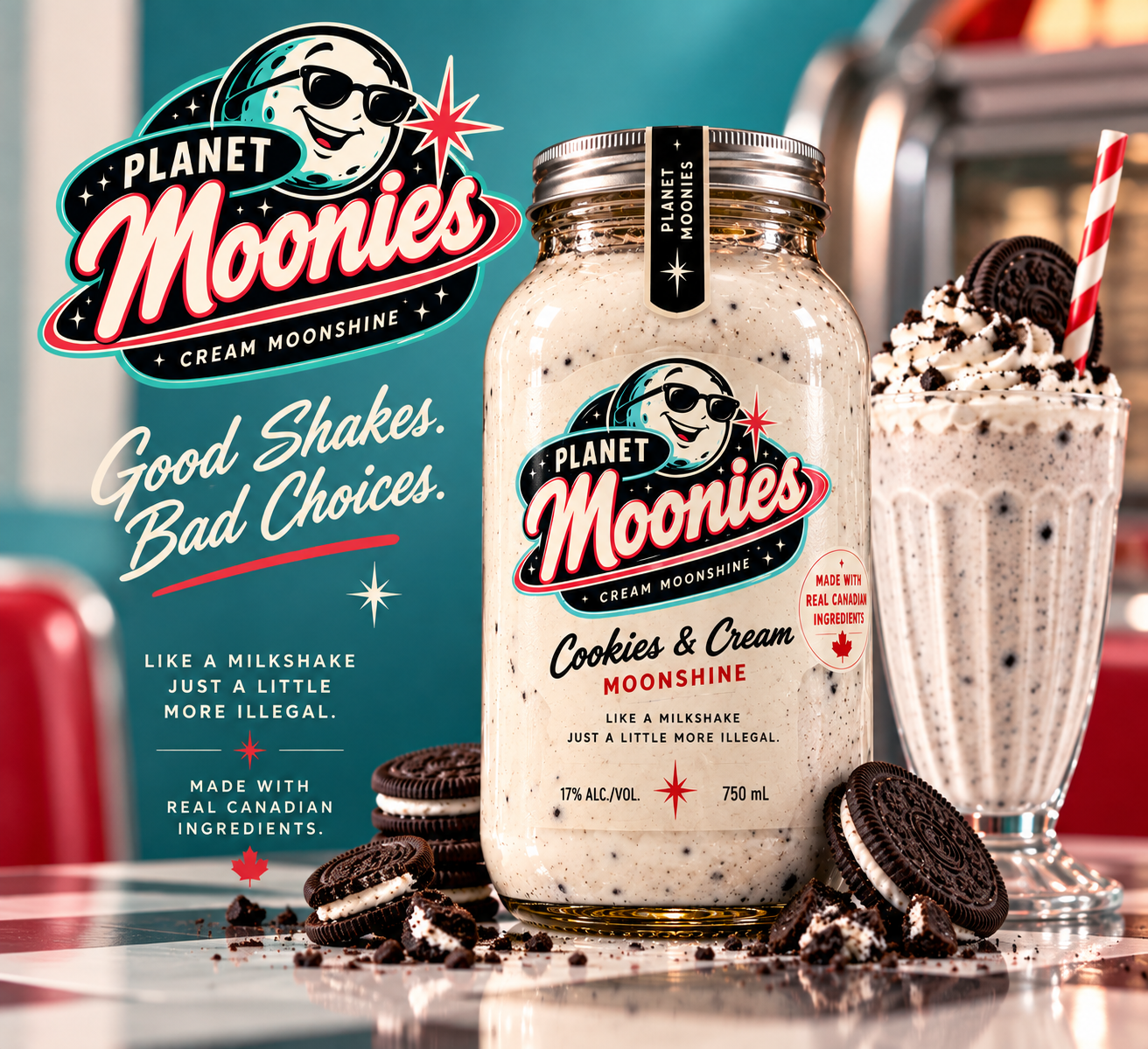 1950s malt-shop advertisement for Planet Moonies Cookies & Cream cream moonshine