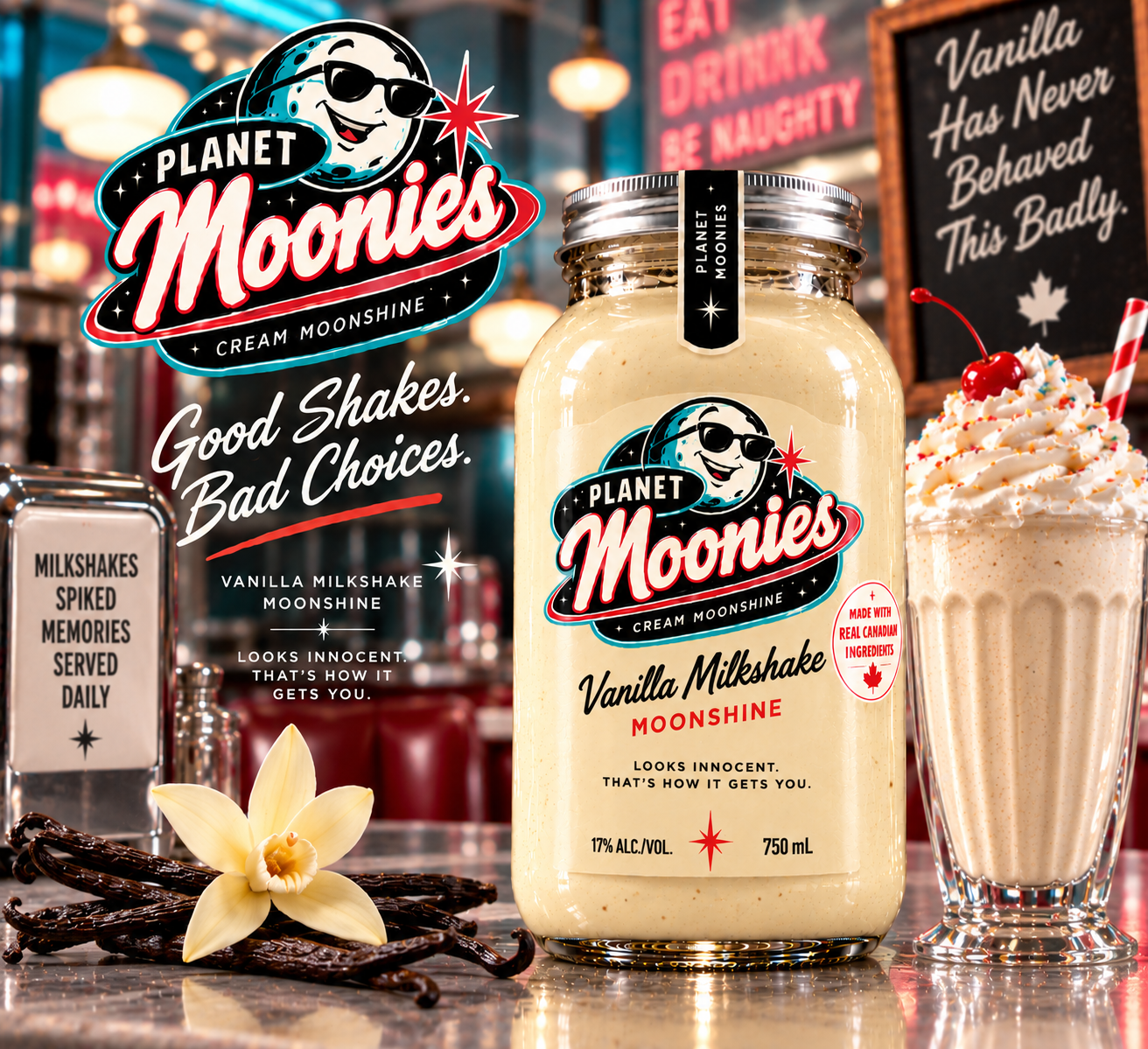 1950s malt-shop advertisement for Planet Moonies Vanilla Milkshake cream moonshine