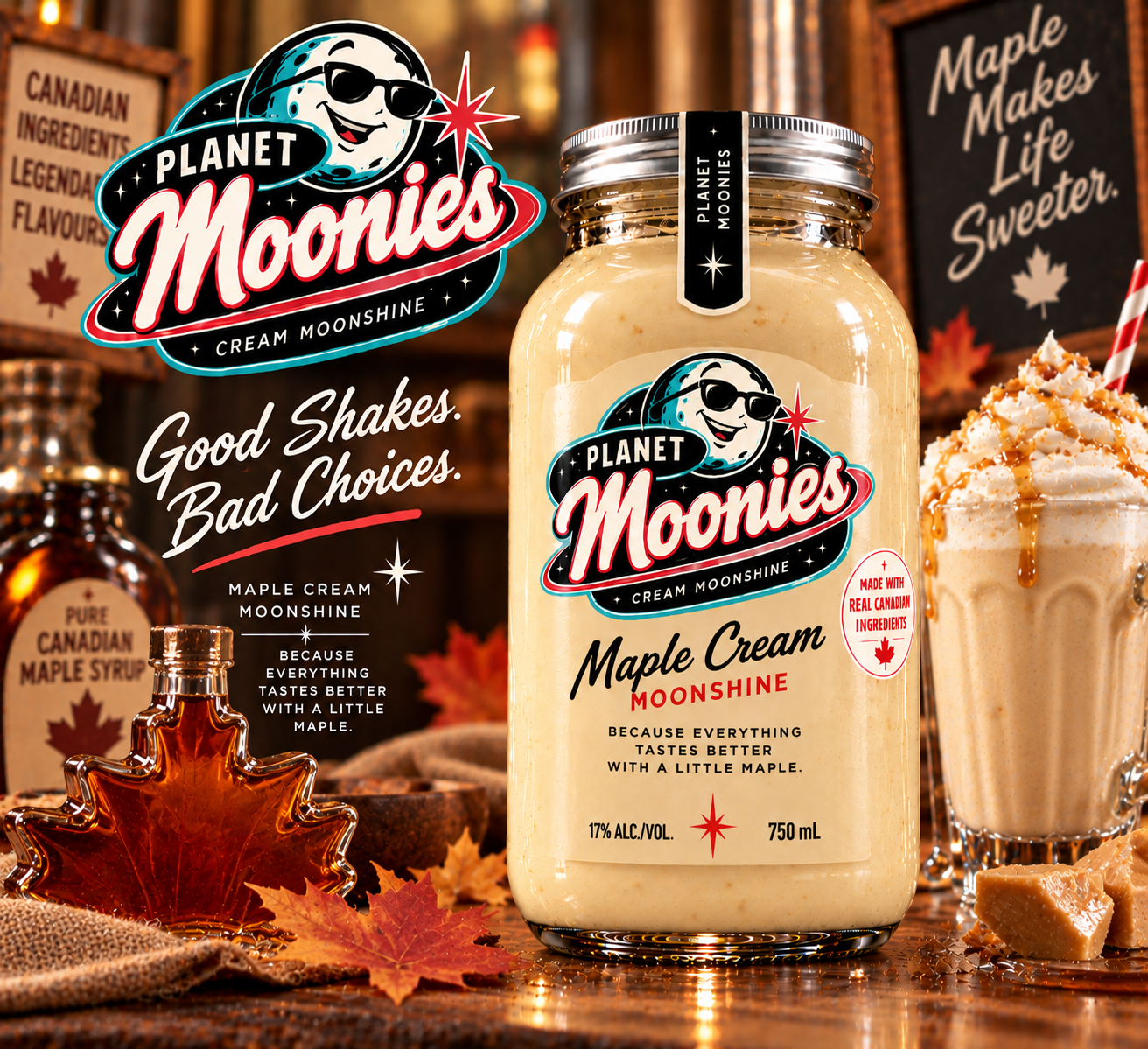 1950s malt-shop advertisement for Planet Moonies Maple Cream cream moonshine