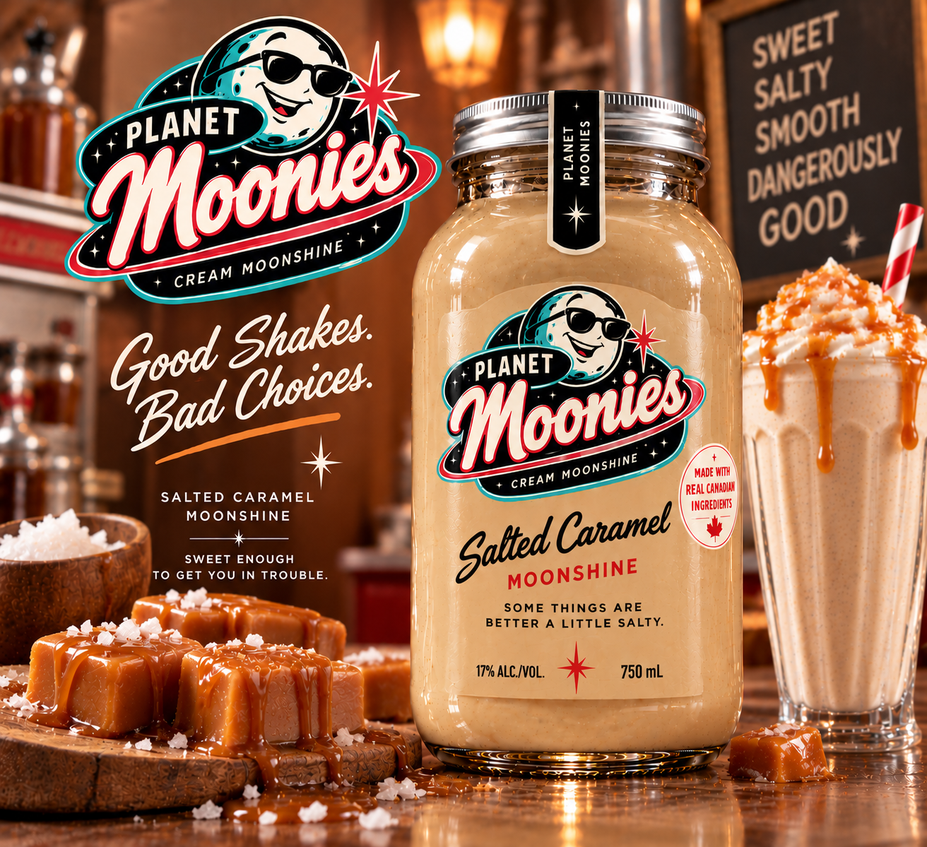 1950s malt-shop advertisement for Planet Moonies Salted Caramel cream moonshine