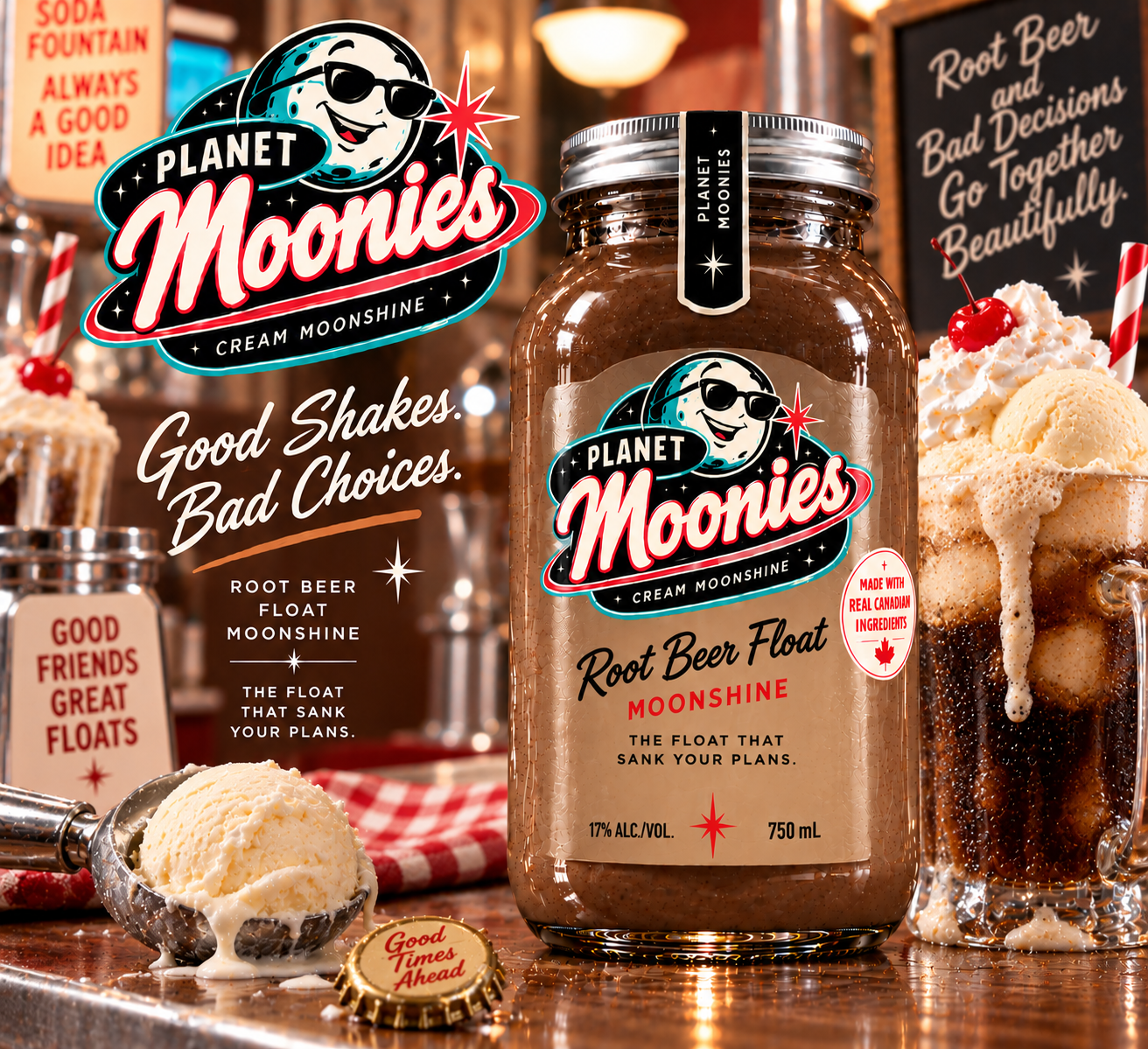 1950s malt-shop advertisement for Planet Moonies Root Beer Float cream moonshine