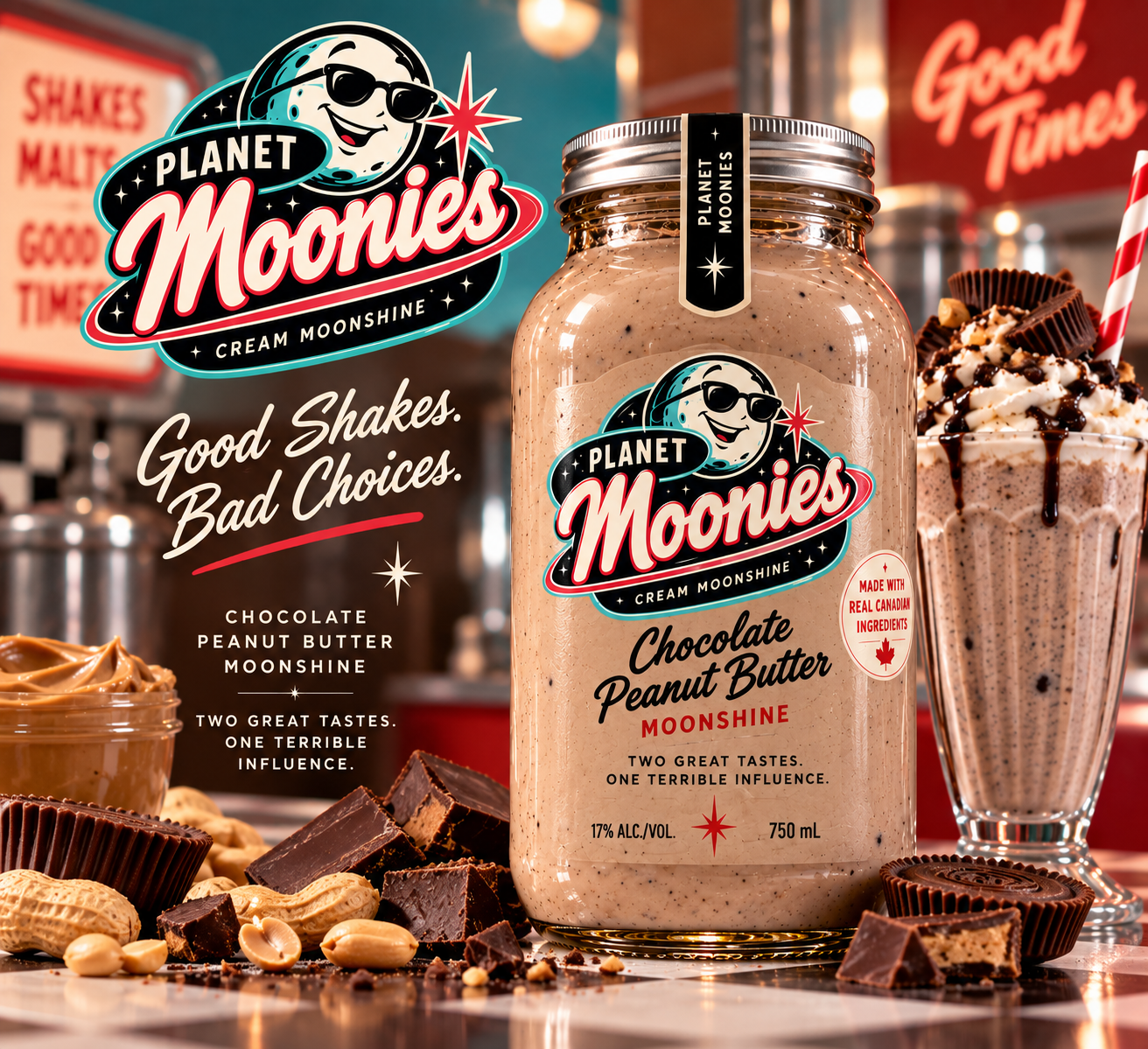 1950s malt-shop advertisement for Planet Moonies Chocolate Peanut Butter cream moonshine