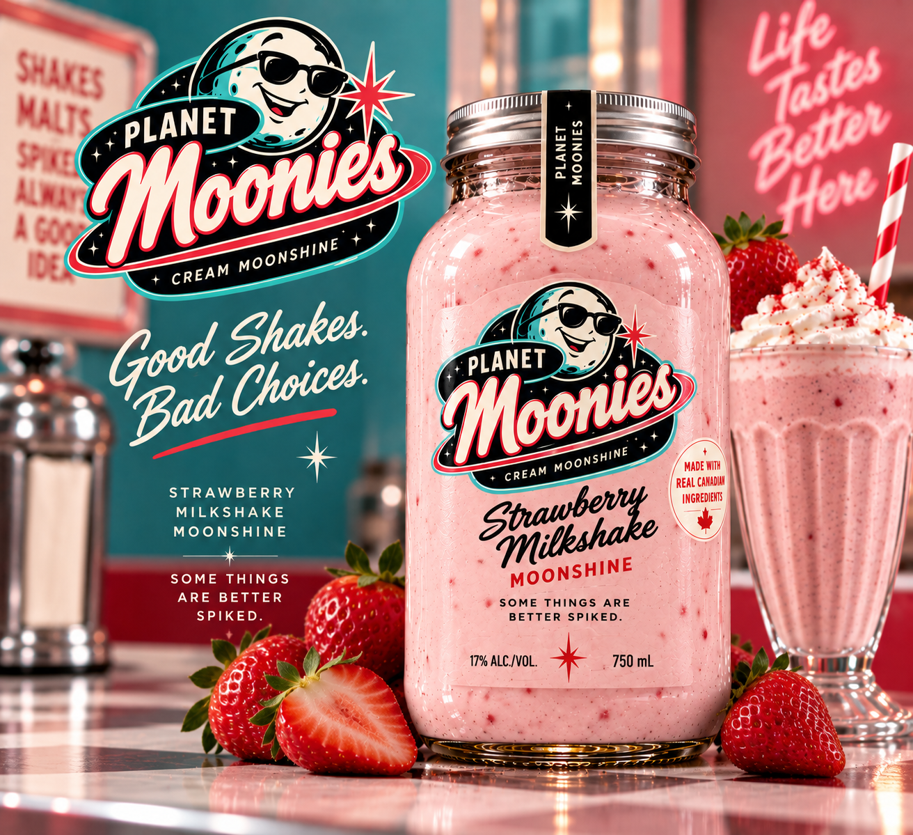 1950s malt-shop advertisement for Planet Moonies Strawberry Milkshake cream moonshine