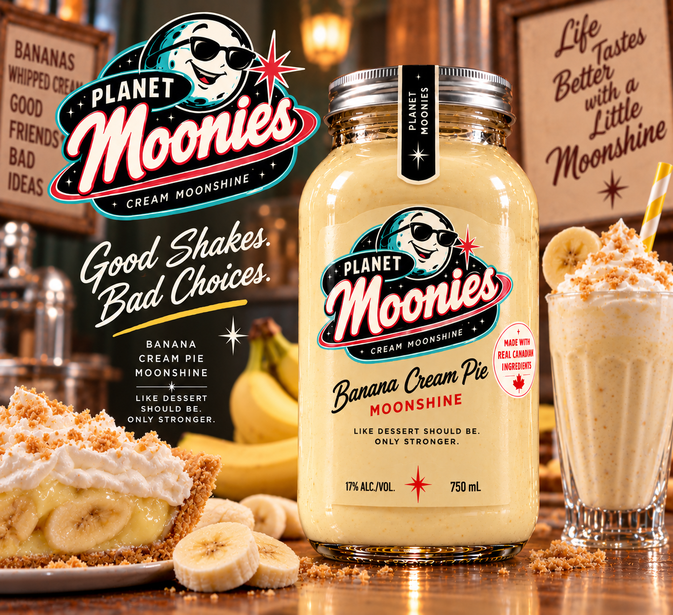 1950s malt-shop advertisement for Planet Moonies Banana Cream Pie cream moonshine