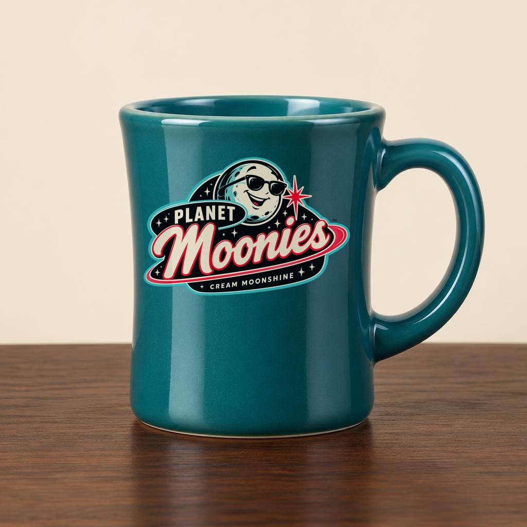 Teal Planet Moonies stoneware mug