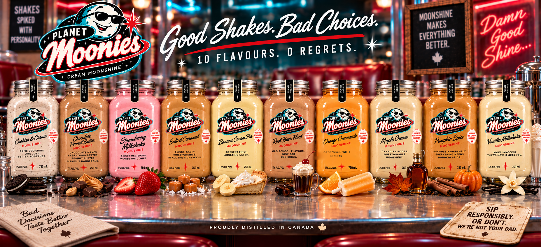 All ten Planet Moonies cream moonshine jars lined up along a 1950s malt-shop counter