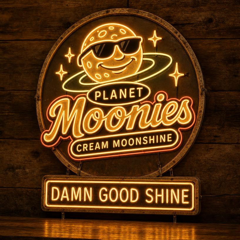 Planet Moonies neon sign glowing on a wall