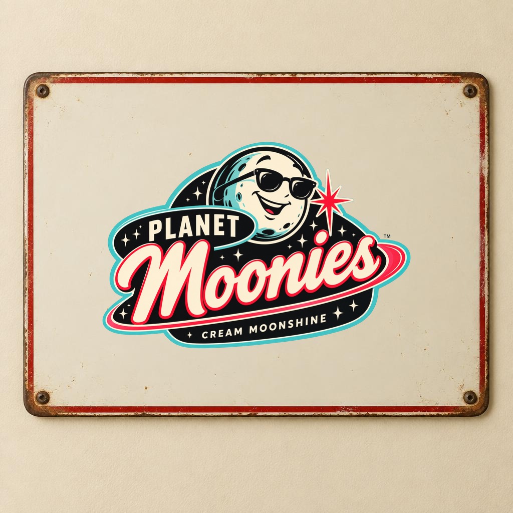 Vintage tin Planet Moonies shop sign