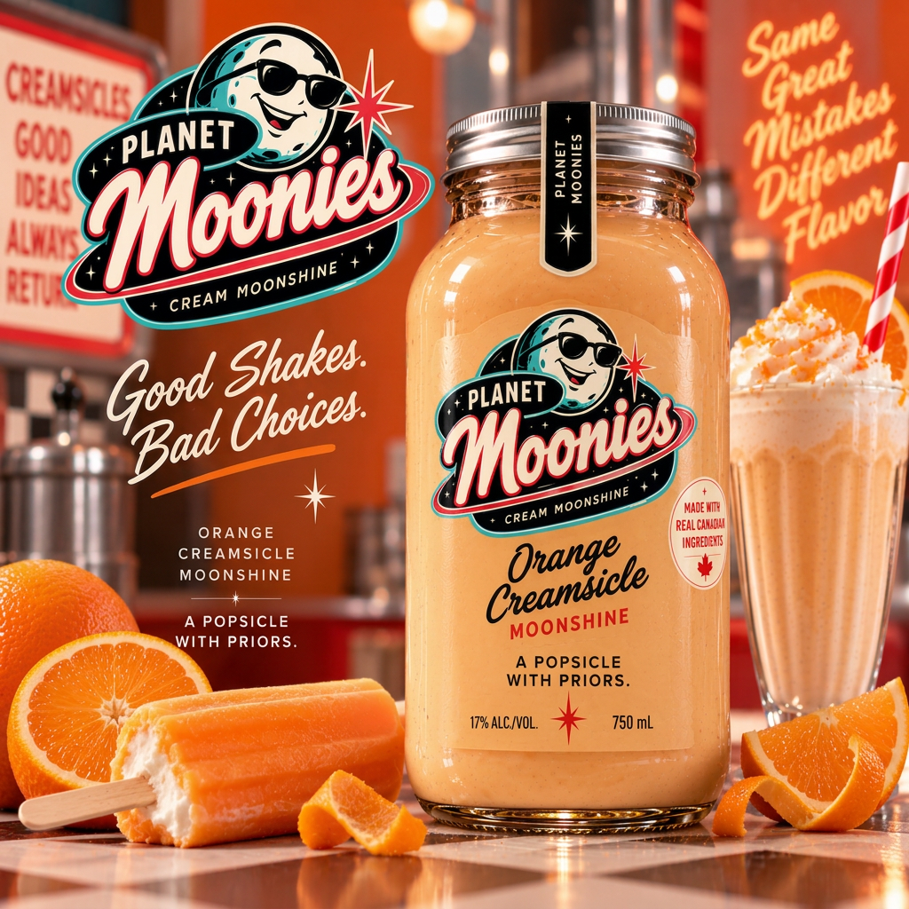1950s malt-shop advertisement for Planet Moonies Orange Creamsicle cream moonshine